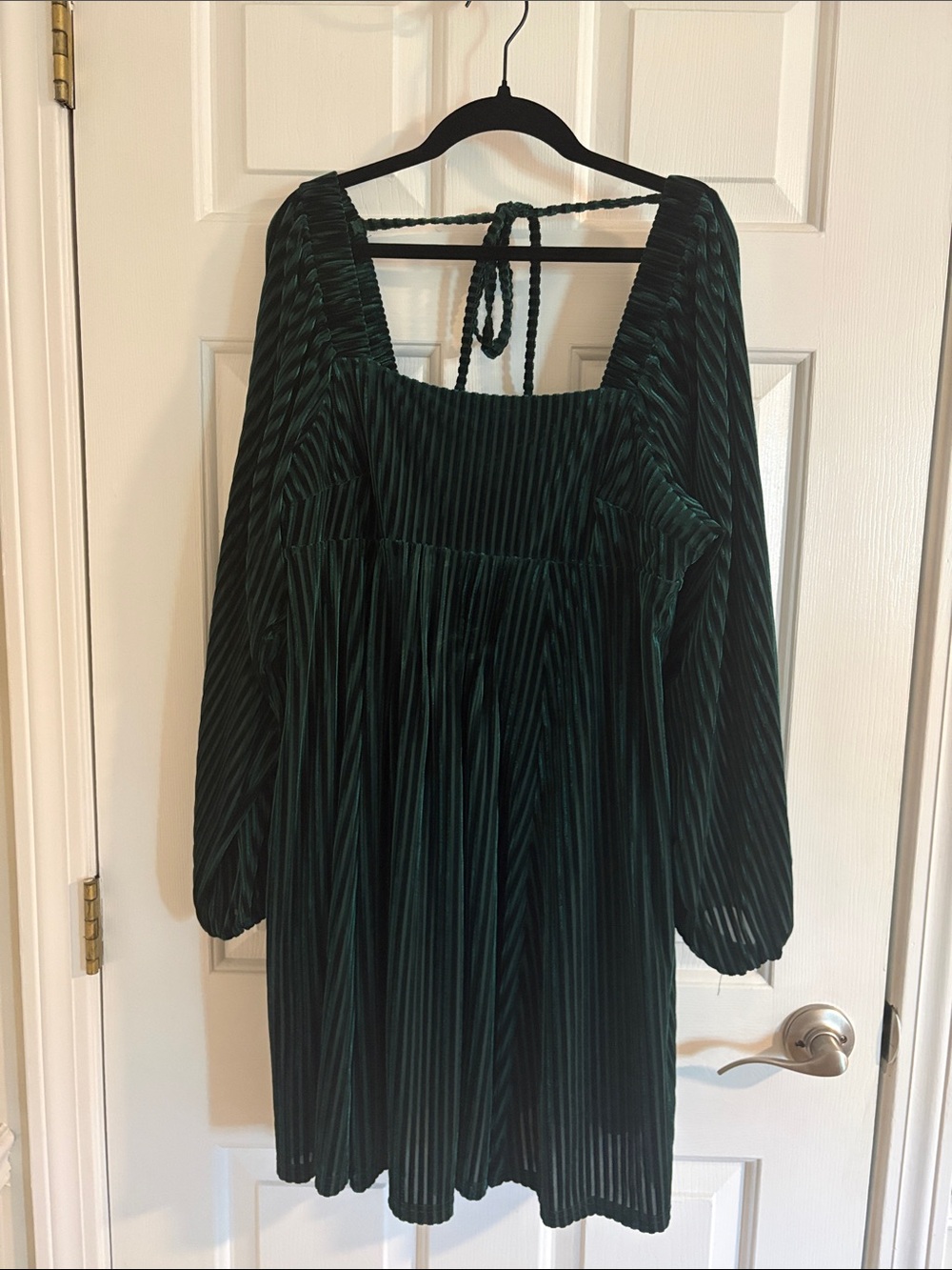 Dark Green Velvet Pleated Square-Neck Dress
